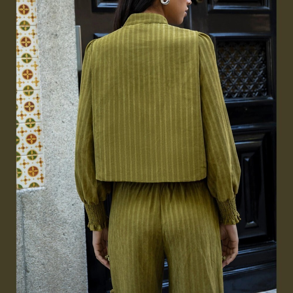 Olive Green Striped Frog Closure Crop Jacket and Wide Leg Pants Pantsuit Set - Picture 6 of 7